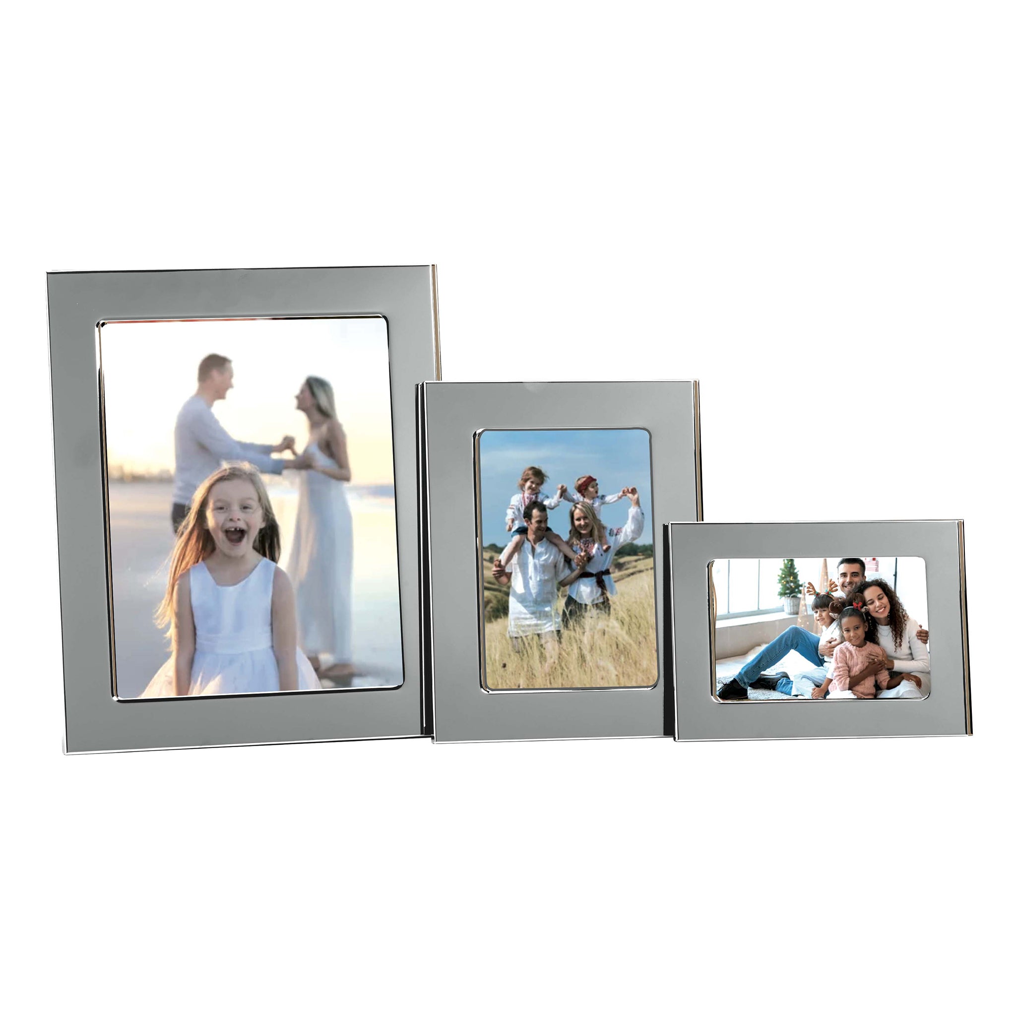 Silhouette Photo Frame in bright metal, displaying an 8x10 photo with a black flocked cloth backing.