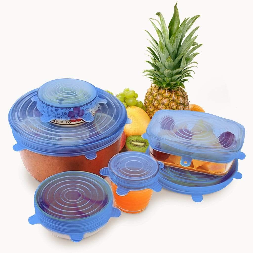 A set of six colorful silicone food lids in various sizes, designed to fit different containers and provide an airtight seal for food storage.