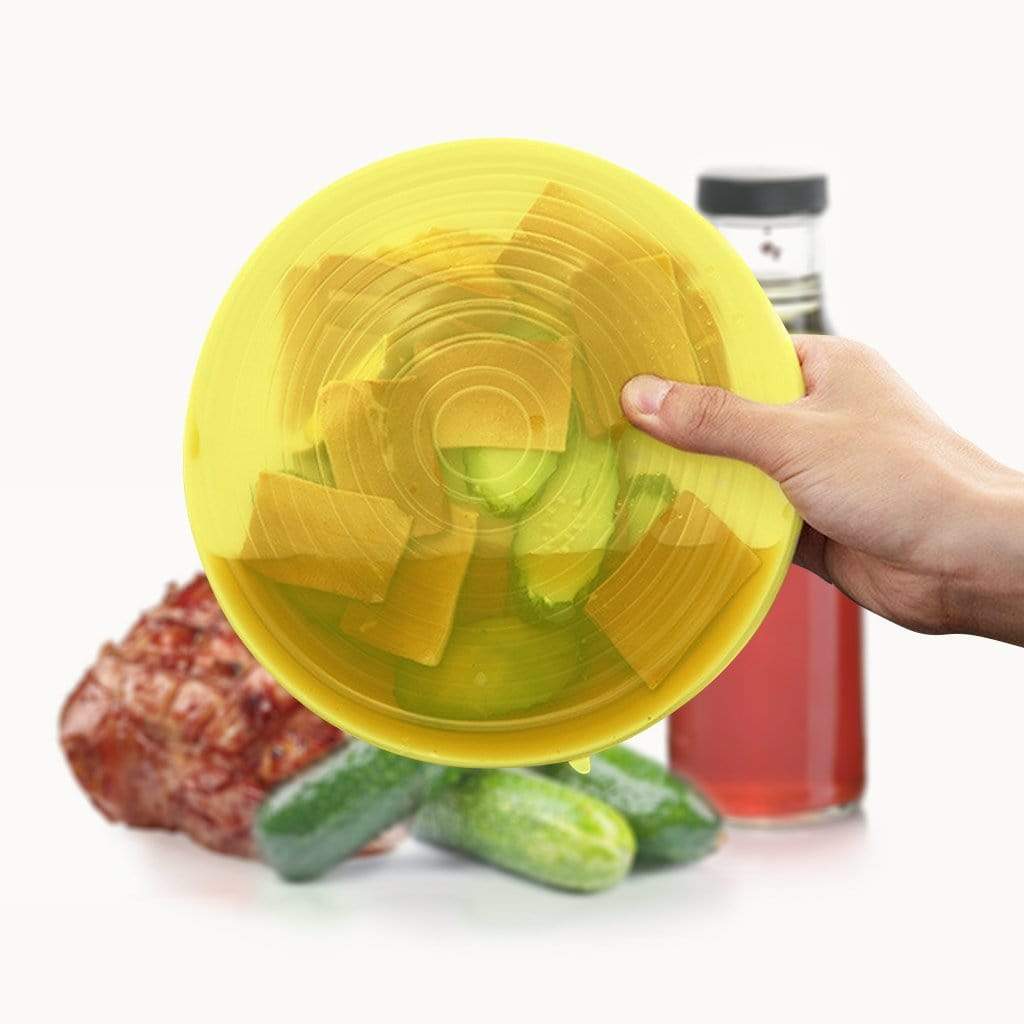 A set of six colorful silicone food lids in various sizes, designed to fit different containers and provide an airtight seal for food storage.