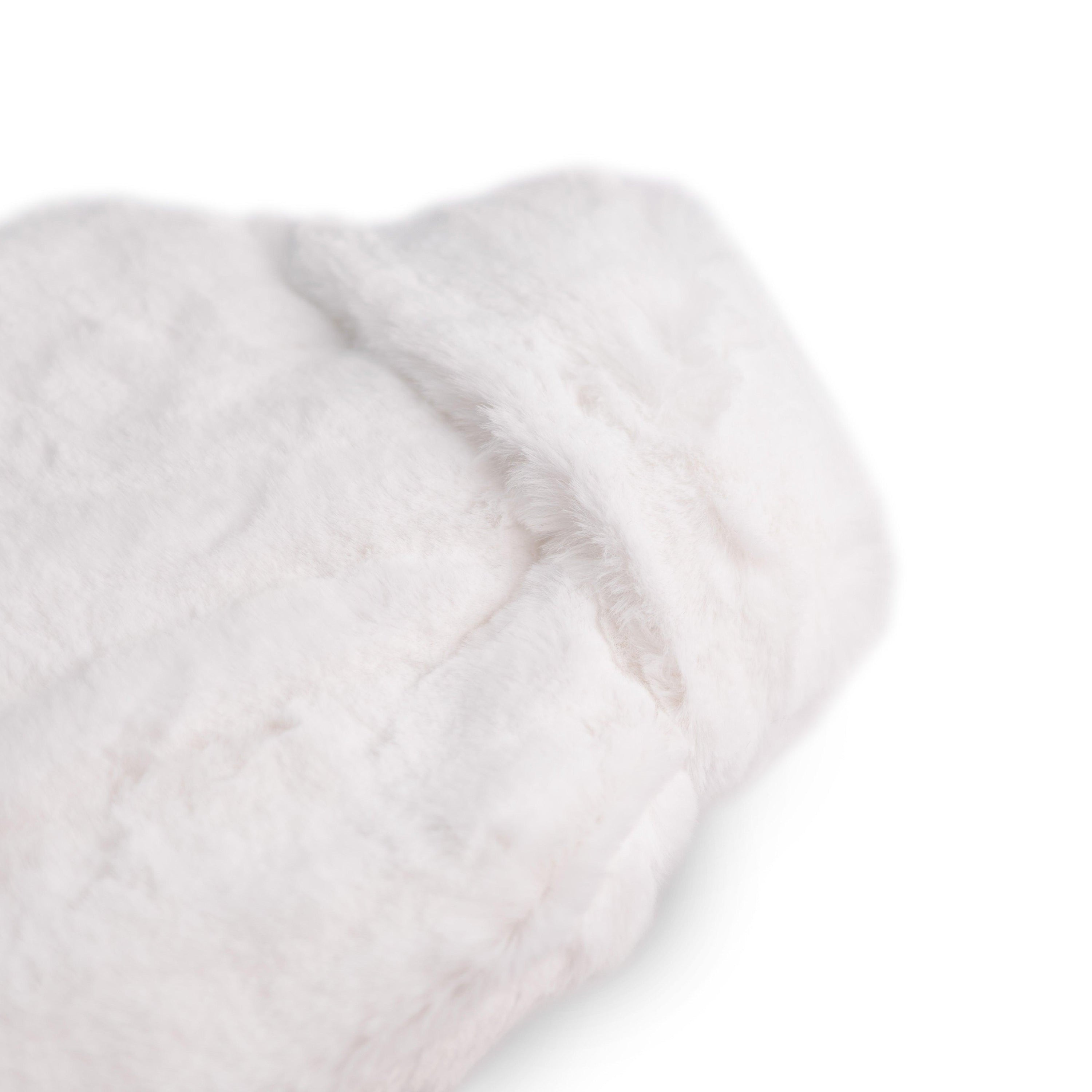 Silky Soft White Hot Water Bottle with luxurious recycled faux fur cover, showcasing its elegant design and eco-friendly materials.