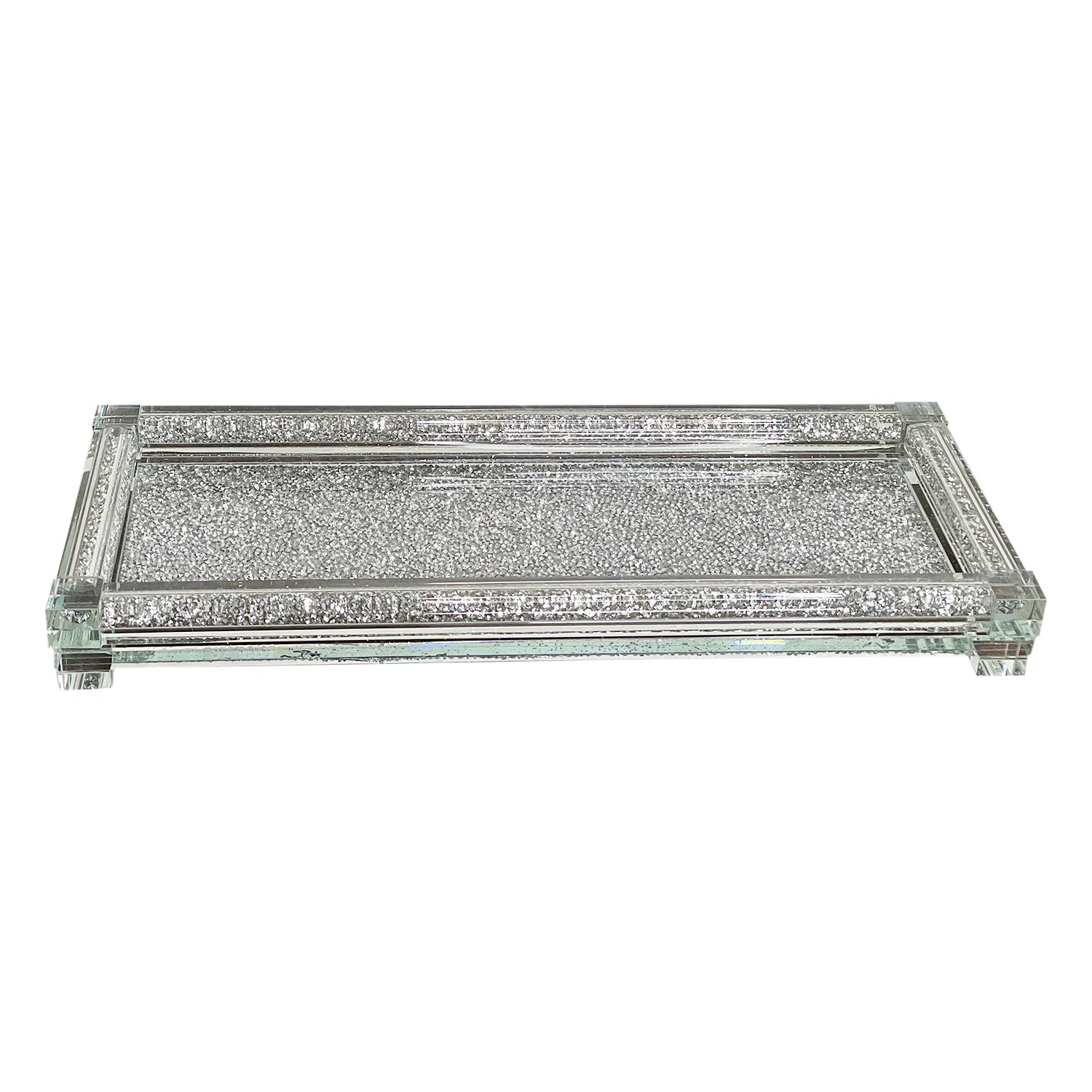 A stylish Silver Crushed Diamond Glass Tray elegantly displayed in a gift box, showcasing its sparkling design and modern appeal.