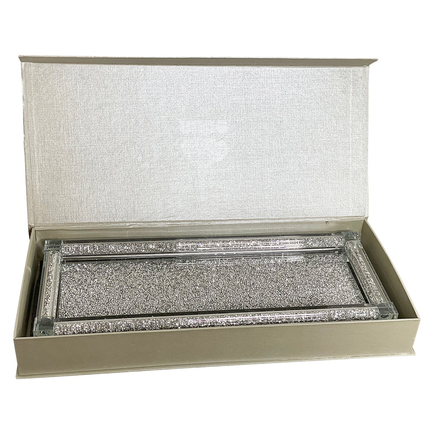 A stylish Silver Crushed Diamond Glass Tray elegantly displayed in a gift box, showcasing its sparkling design and modern appeal.