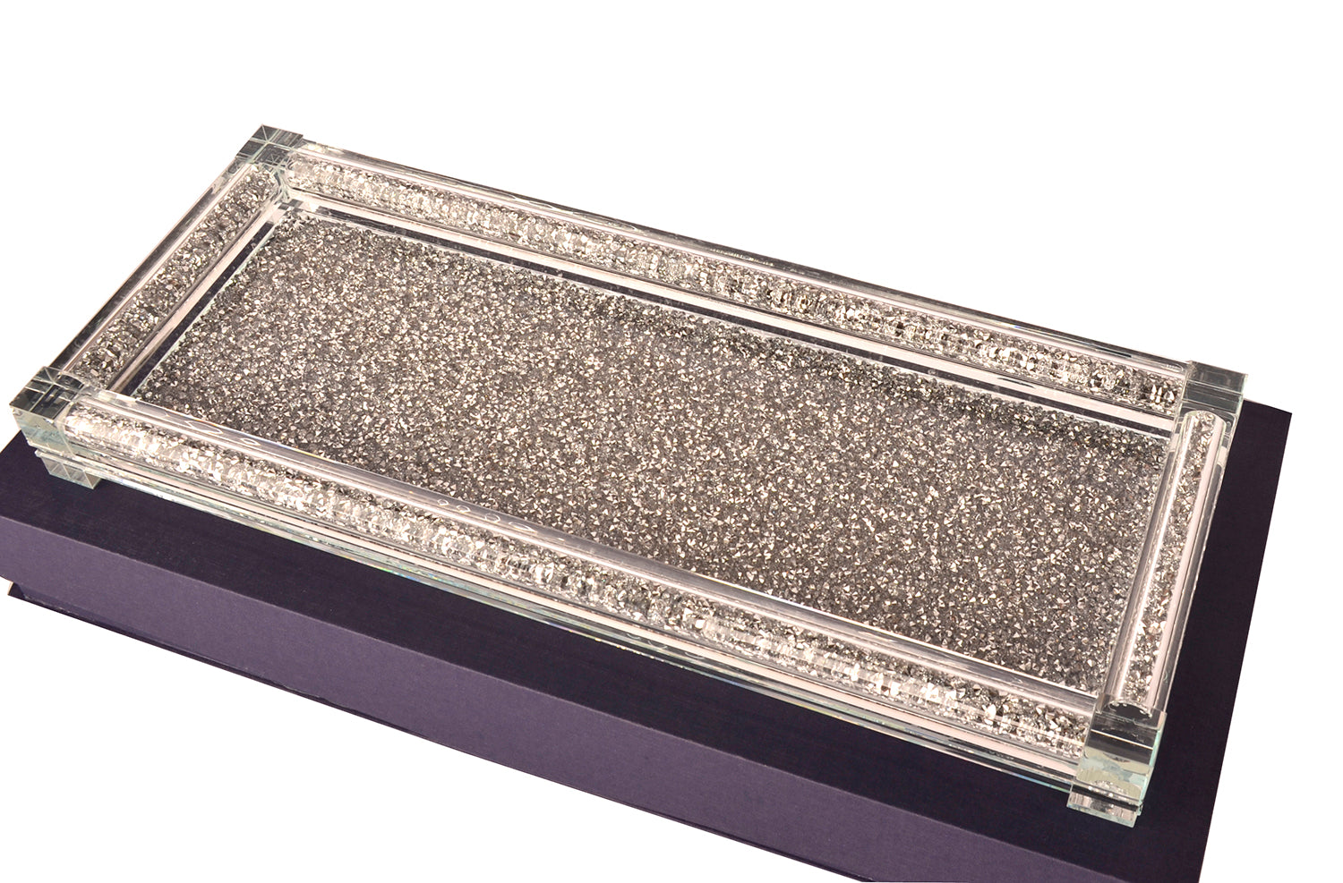 A stylish Silver Crushed Diamond Glass Tray elegantly displayed in a gift box, showcasing its sparkling design and modern appeal.