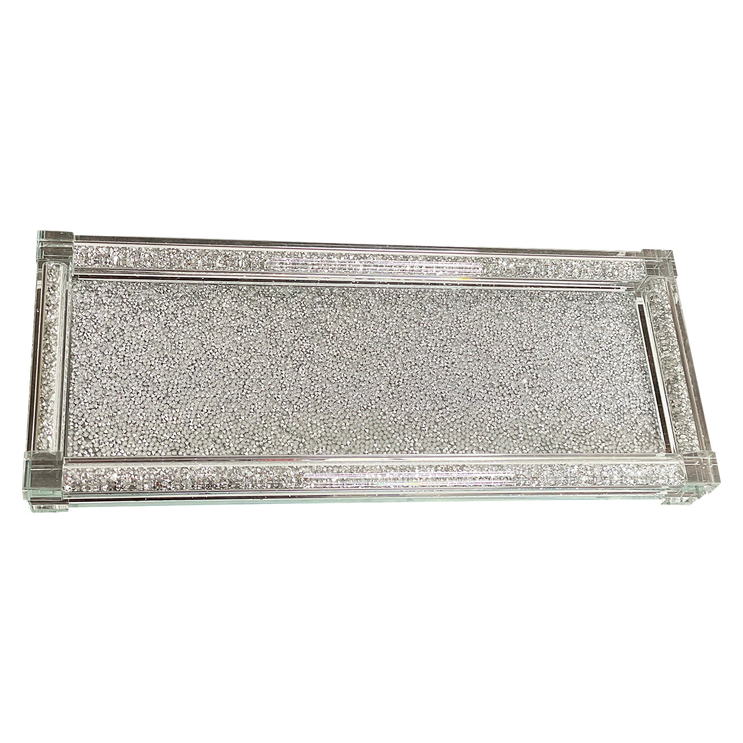 A stylish Silver Crushed Diamond Glass Tray elegantly displayed in a gift box, showcasing its sparkling design and modern appeal.