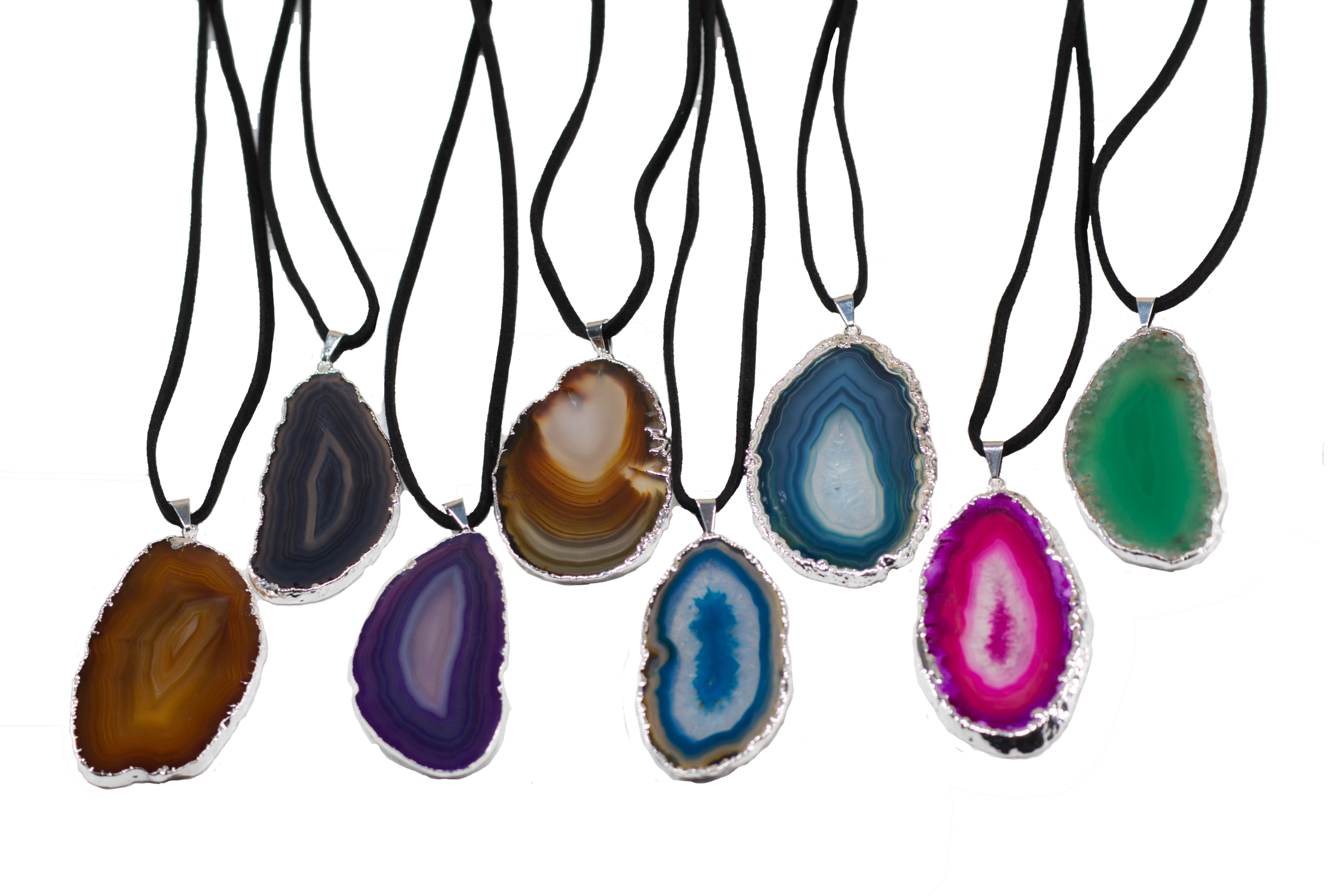 A stylish silver electroplated agate slice pendant hanging from a leather cord, showcasing vibrant colors and unique patterns.