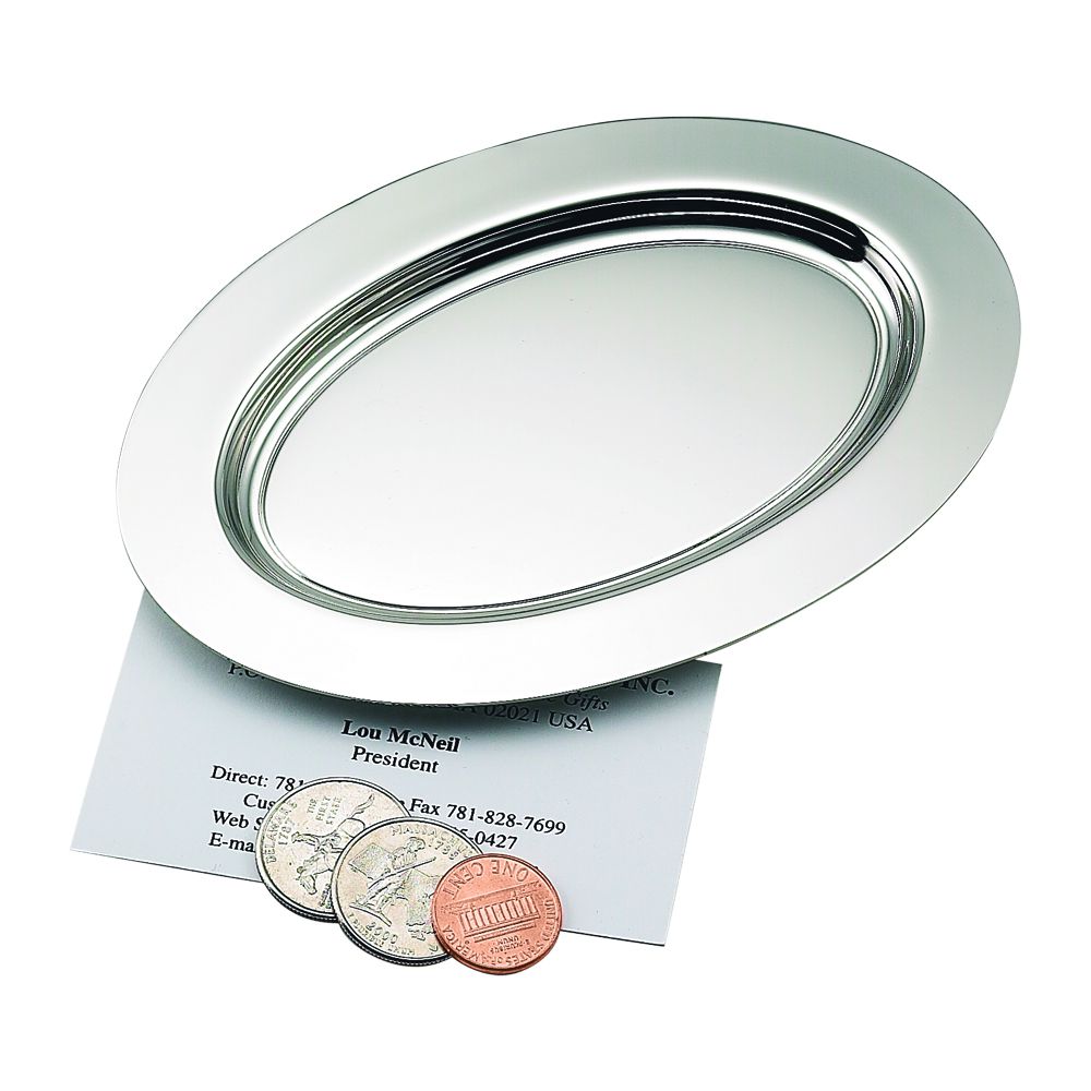 A 6-inch silver oval tray with a shiny nickel-plated finish, ideal for serving snacks and hors d'oeuvres.