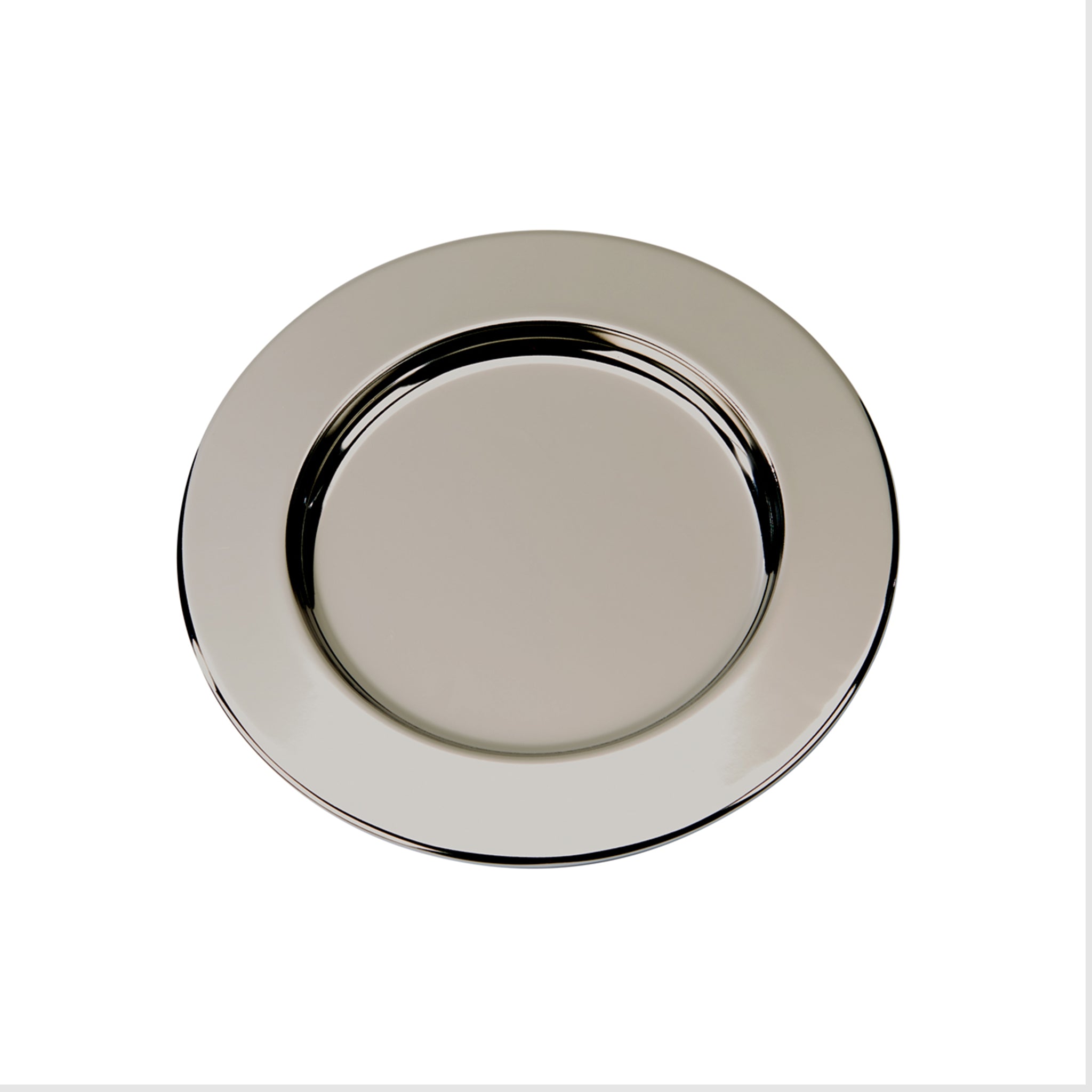 A 6-inch round tray with a shiny nickel-plated finish, perfect for serving appetizers or displaying decorative items.