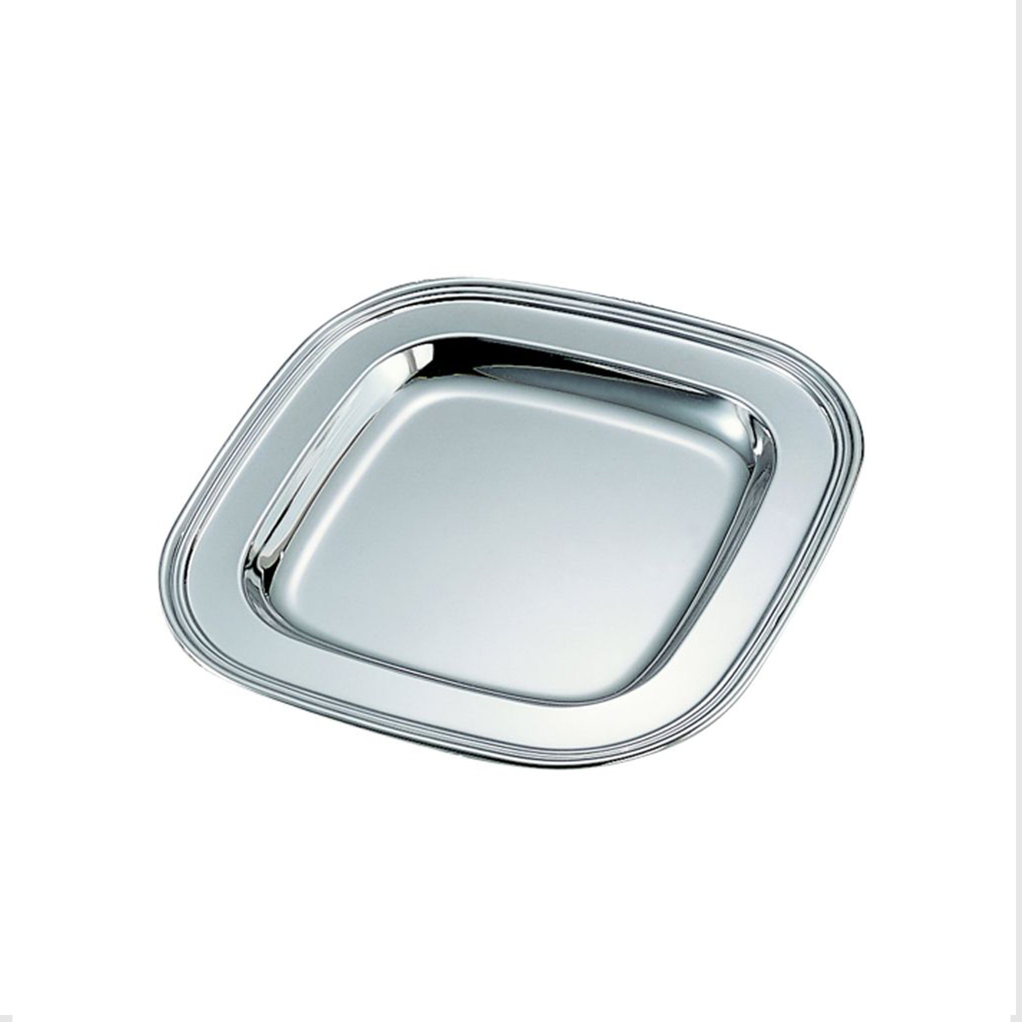 A reflective 9.5-inch silver square tray made of solid metal with a nickel plating, showcasing its elegant design and durability.