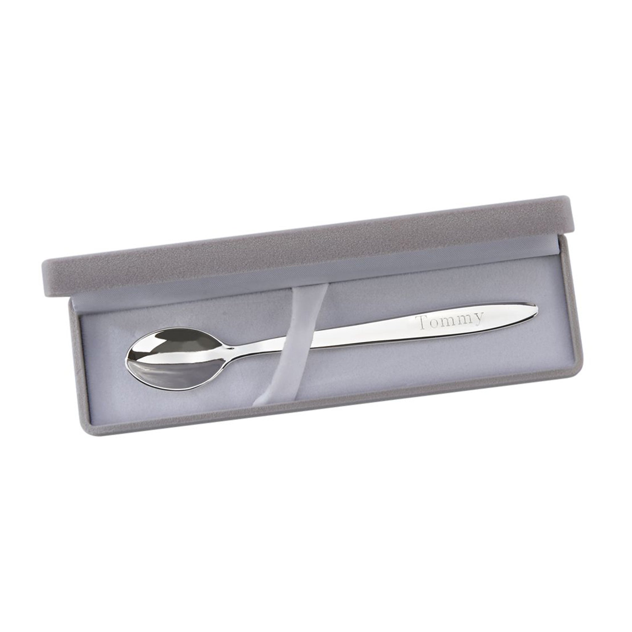 Elegant silverplated baby spoon in a grey flocked keepsake box, perfect for newborn gifts.