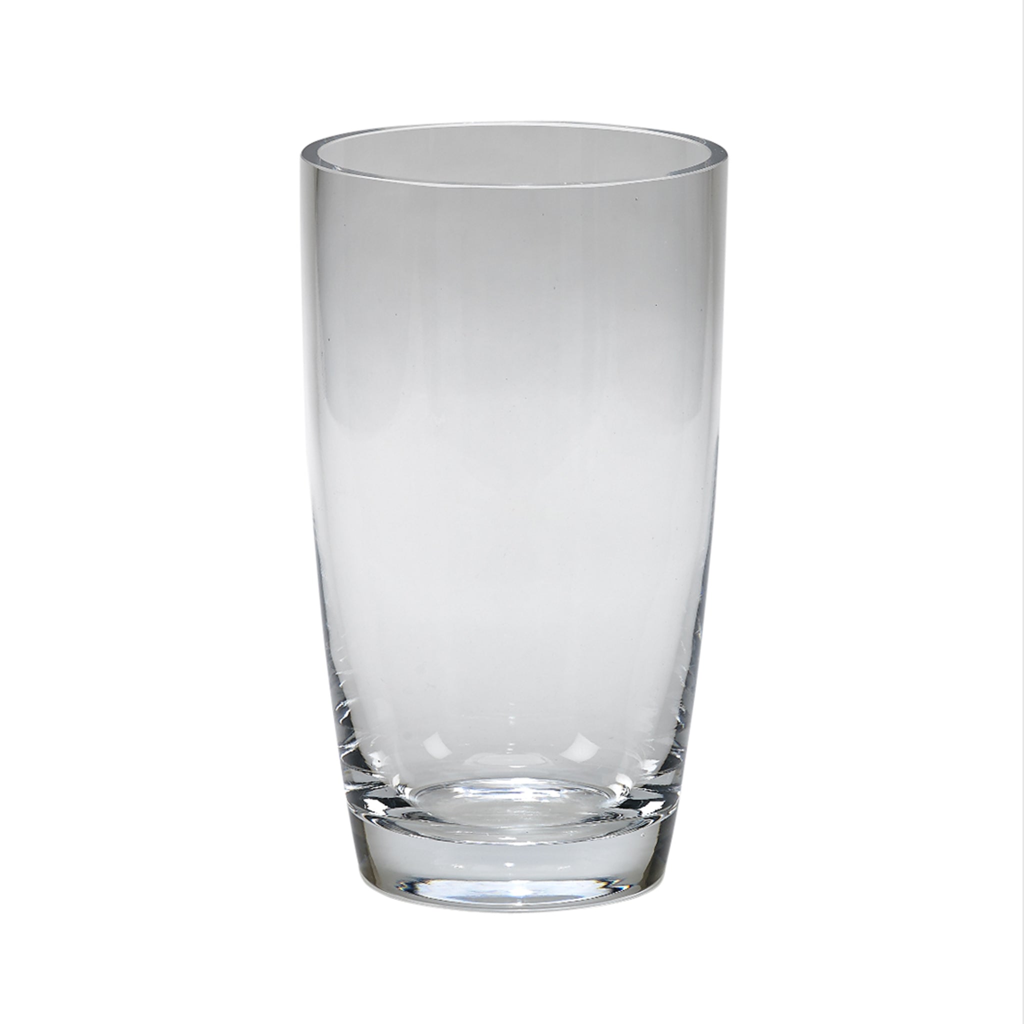 A 9.75-inch tall Simon Crystal Vase with a contemporary uncut design, showcasing its elegant shape and lead-free crystal material.