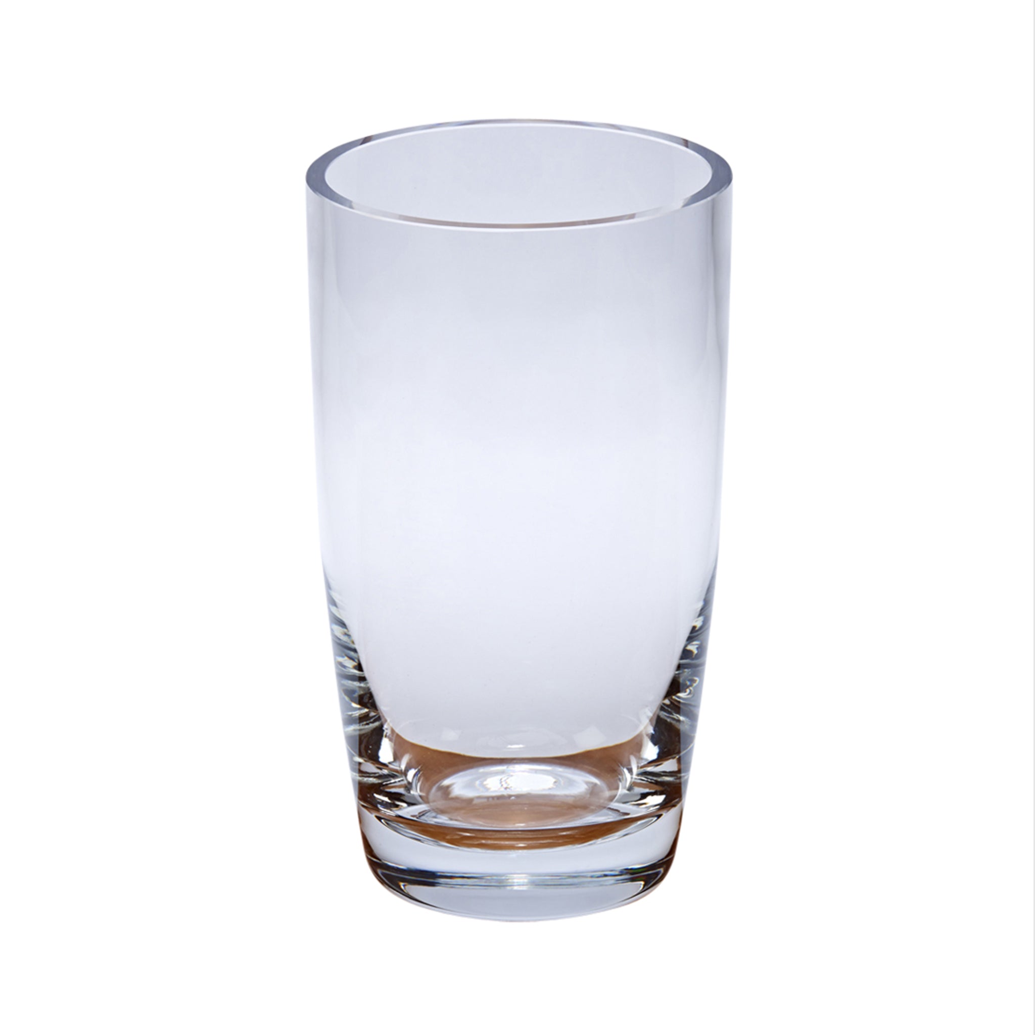 A 9.75-inch tall Simon Crystal Vase with a contemporary uncut design, showcasing its elegant shape and lead-free crystal material.