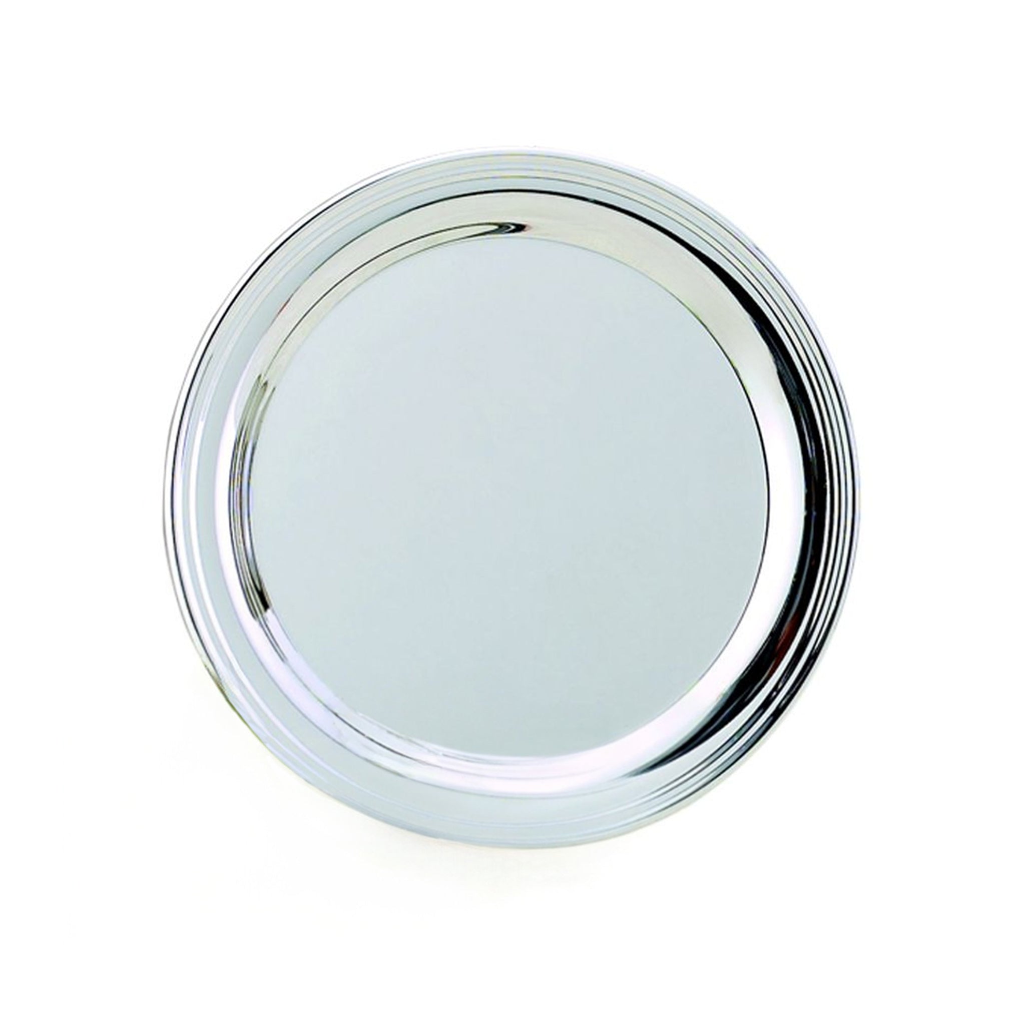 Simon Design Tray, 12 inches in diameter, featuring a simple thread border and a reflective nickel plating.