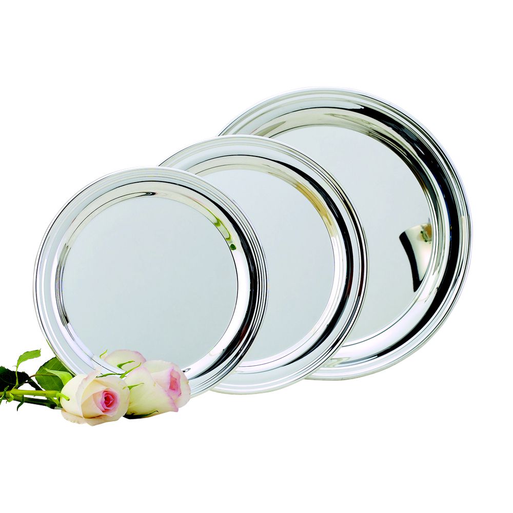 Simon Design Tray, 12 inches in diameter, featuring a simple thread border and a reflective nickel plating.