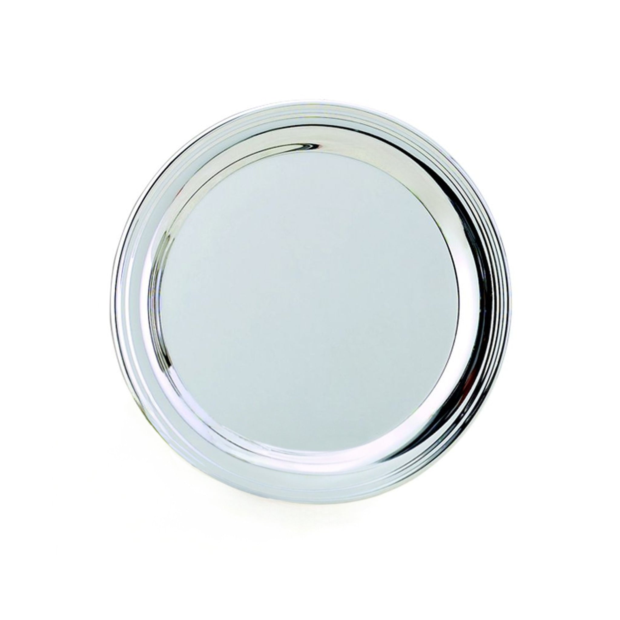 Simon Design Tray, 8 inches in diameter, featuring a round shape with a thread border and a reflective nickel-plated surface.