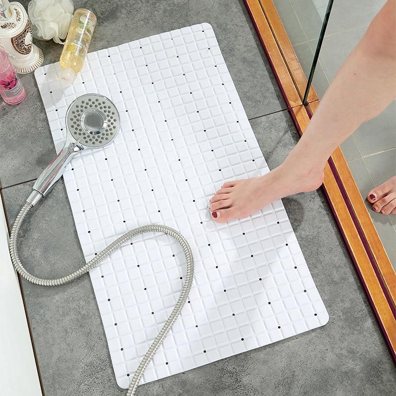 A large, eco-friendly PVC bath mat with a modern plaid pattern, featuring a non-slip surface for safety in the bathroom.