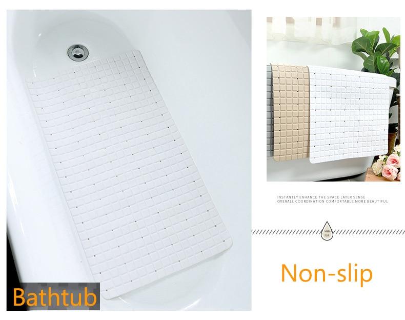 A large, eco-friendly PVC bath mat with a modern plaid pattern, featuring a non-slip surface for safety in the bathroom.