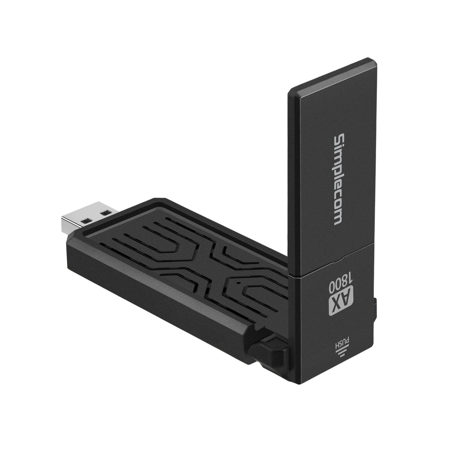 Simplecom NW812 AX1800 Dual Band WiFi 6 USB Adapter with a foldable antenna, designed for high-speed internet connectivity.