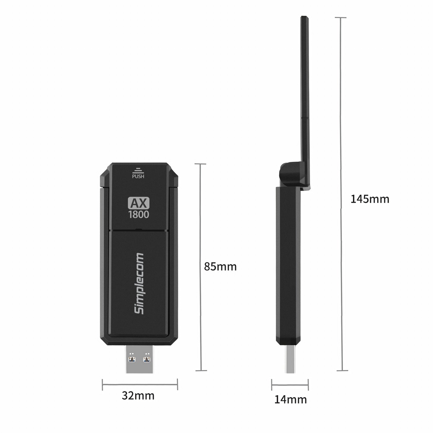 Simplecom NW812 AX1800 Dual Band WiFi 6 USB Adapter with a foldable antenna, designed for high-speed internet connectivity.