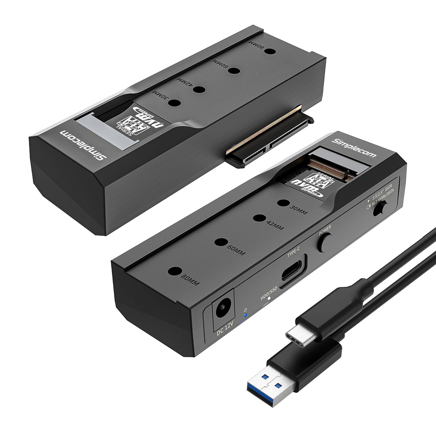 Simplecom SA536 USB to M.2 and SATA 2-IN-1 Adapter with power supply, designed for 2.5" and 3.5" HDDs and NVMe/SATA M.2 SSDs.