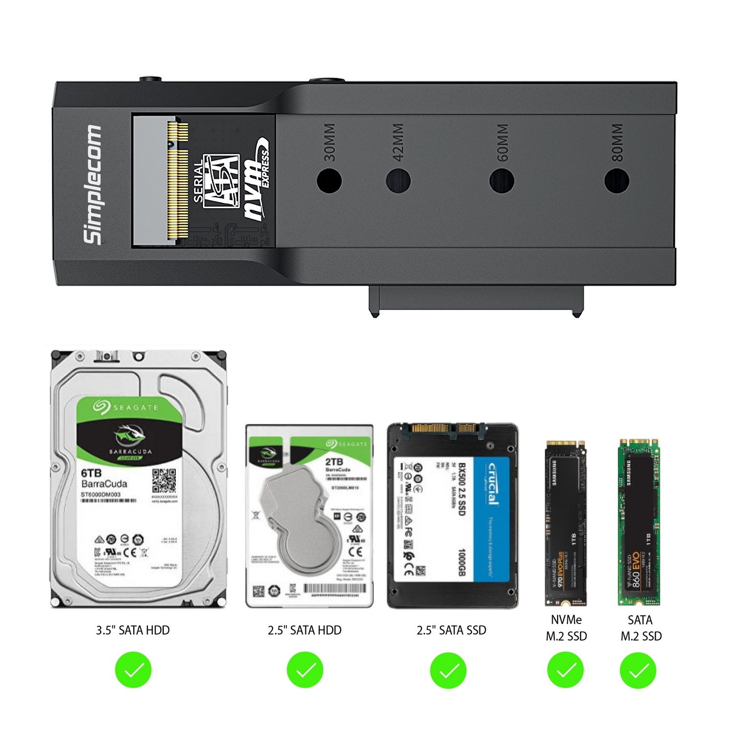 Simplecom SA536 USB to M.2 and SATA 2-IN-1 Adapter with power supply, designed for 2.5" and 3.5" HDDs and NVMe/SATA M.2 SSDs.