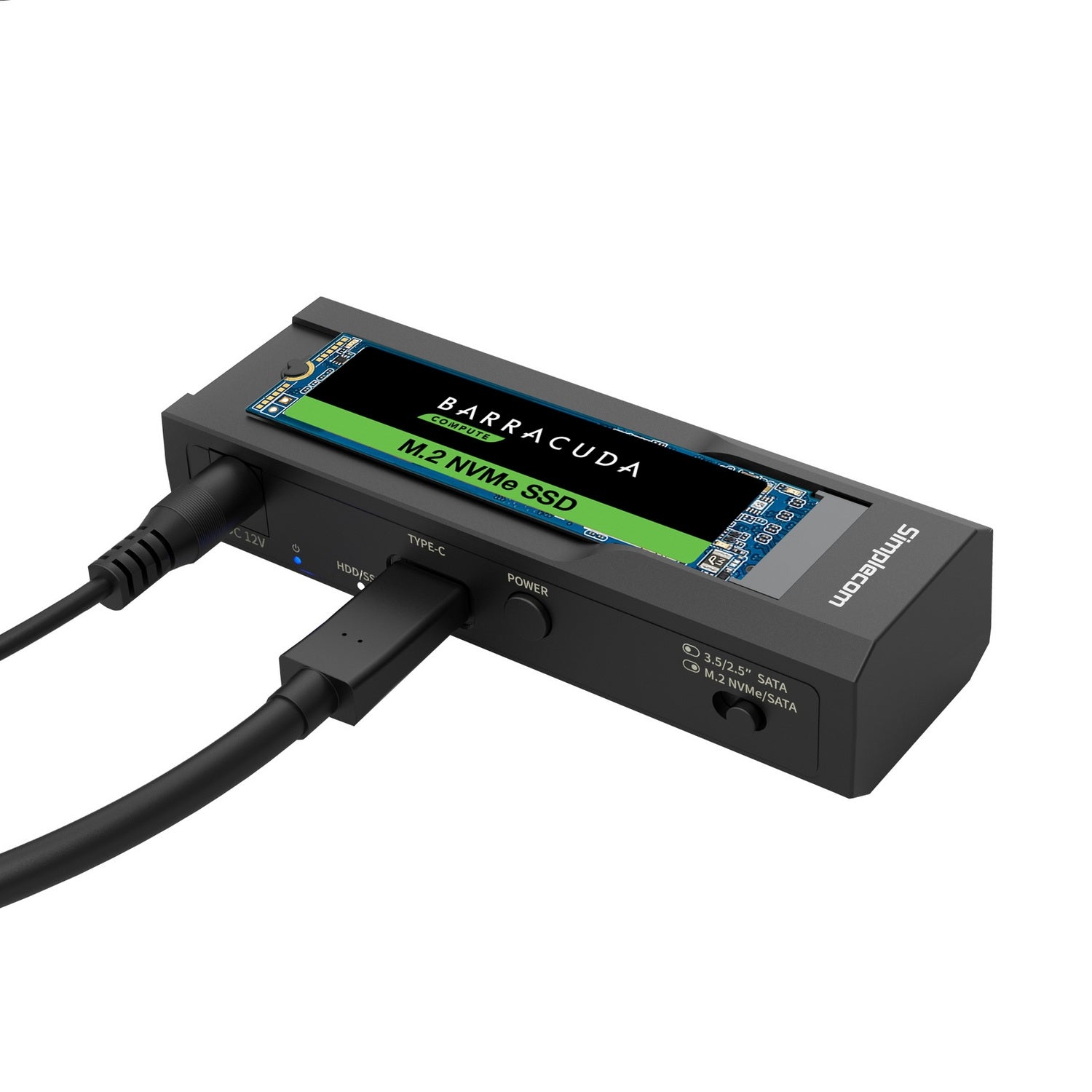 Simplecom SA536 USB to M.2 and SATA 2-IN-1 Adapter with power supply, designed for 2.5" and 3.5" HDDs and NVMe/SATA M.2 SSDs.