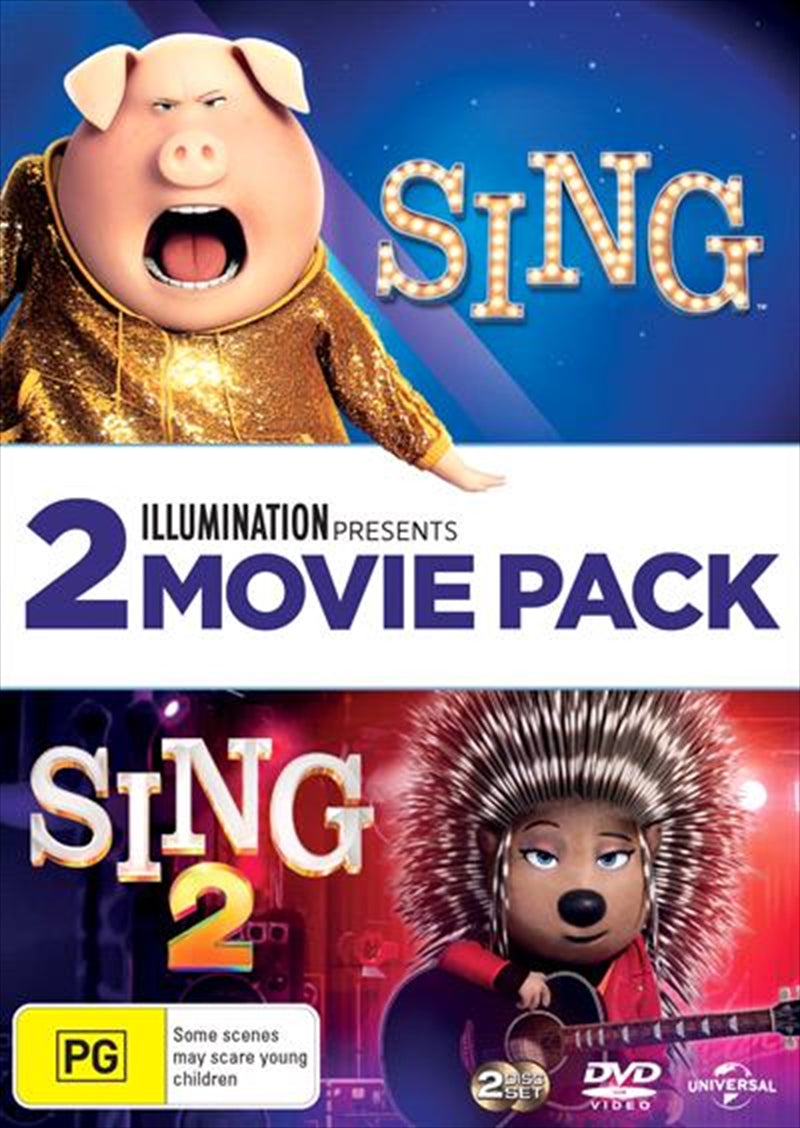 DVD cover of Sing and Sing 2 movie franchise pack featuring colorful characters and musical themes.