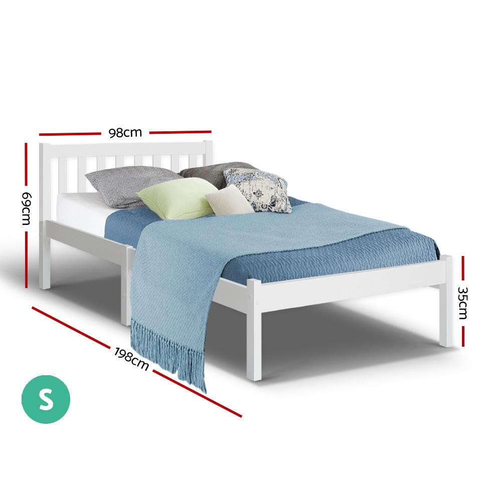 Single Size Wooden Bed Frame in White, made of solid pine wood with a stylish design and smooth edges.