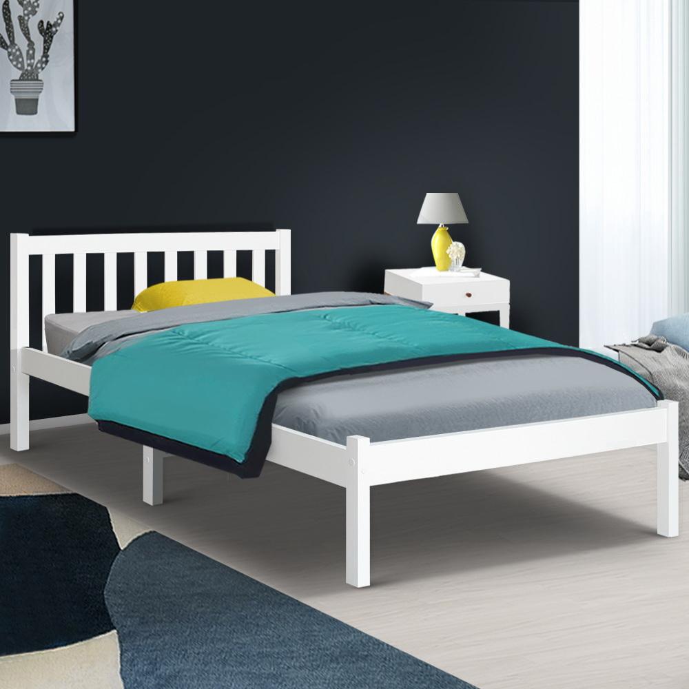 Single Size Wooden Bed Frame in White, made of solid pine wood with a stylish design and smooth edges.