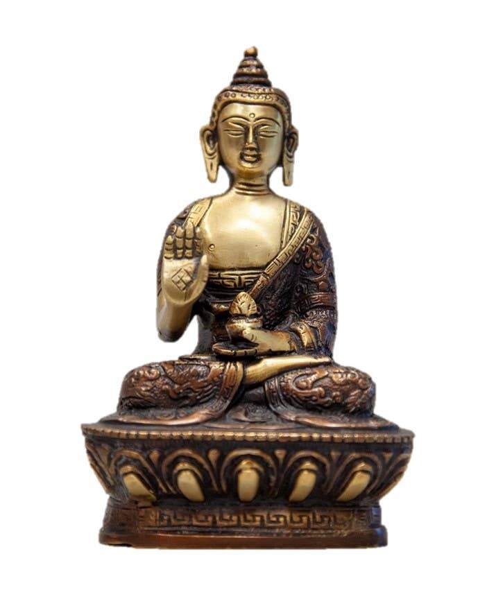 7-inch brass Sitting Buddha statue on lotus throne in meditation pose, showcasing Dhyana Mudra and floral chakra wheel.