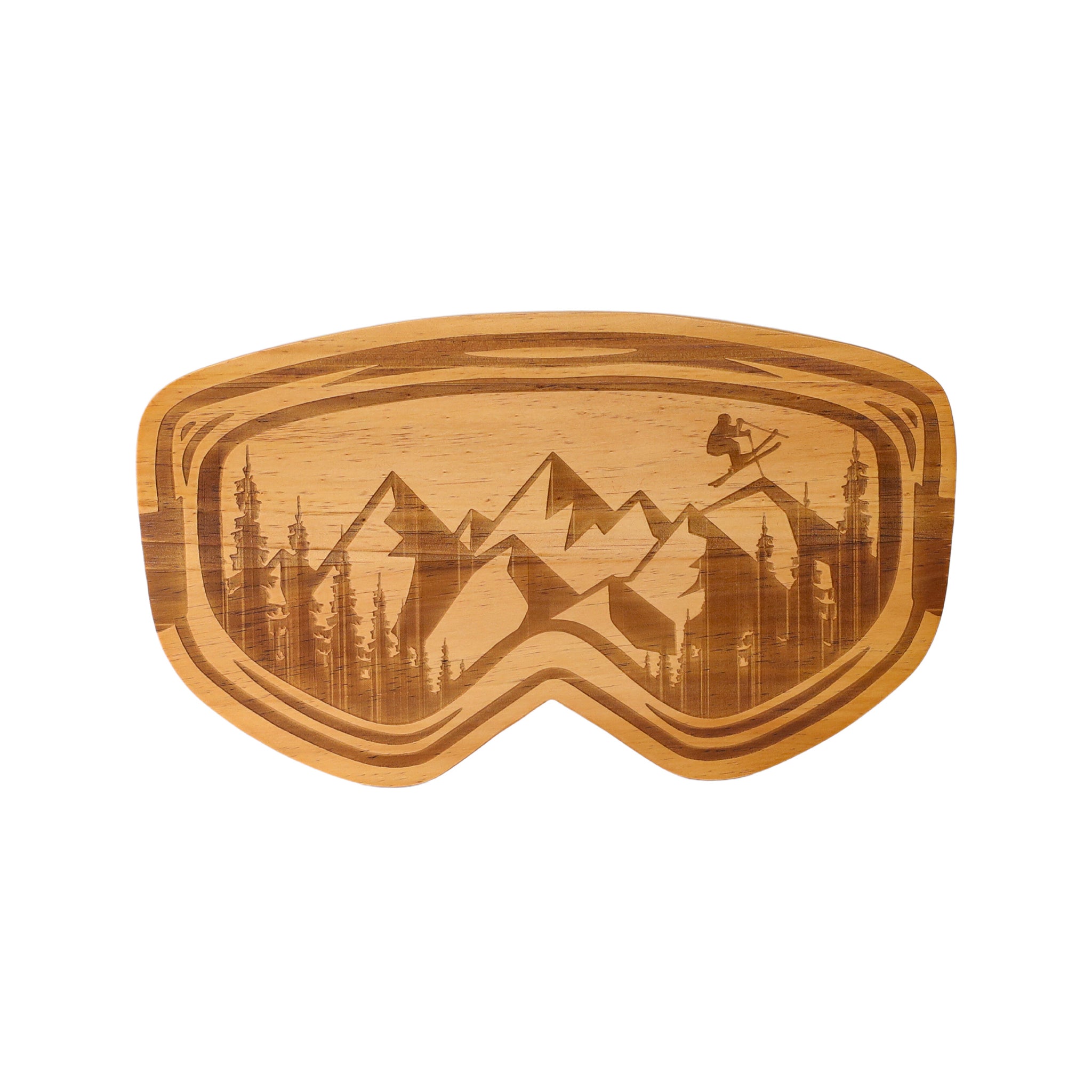 Ski Goggles Wood Board, a bamboo charcuterie board shaped like ski goggles, perfect for sports-themed parties.