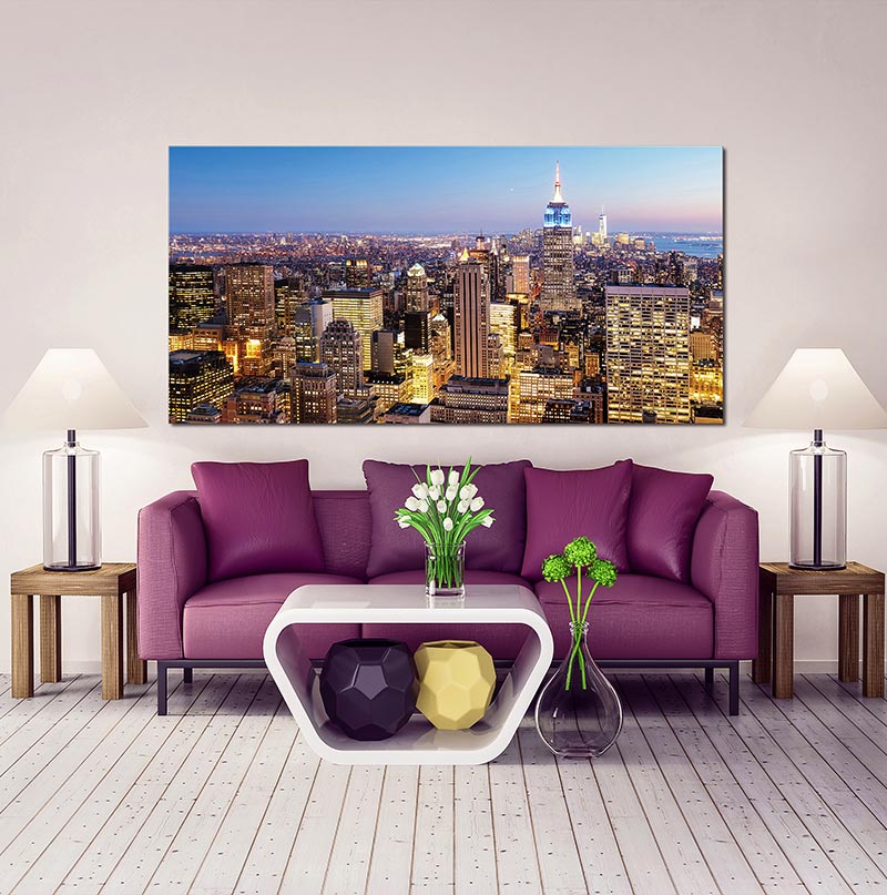 Skyline Over Manhattan Acrylic Print showcasing a vibrant city skyline on durable acrylic, perfect for modern wall decor.