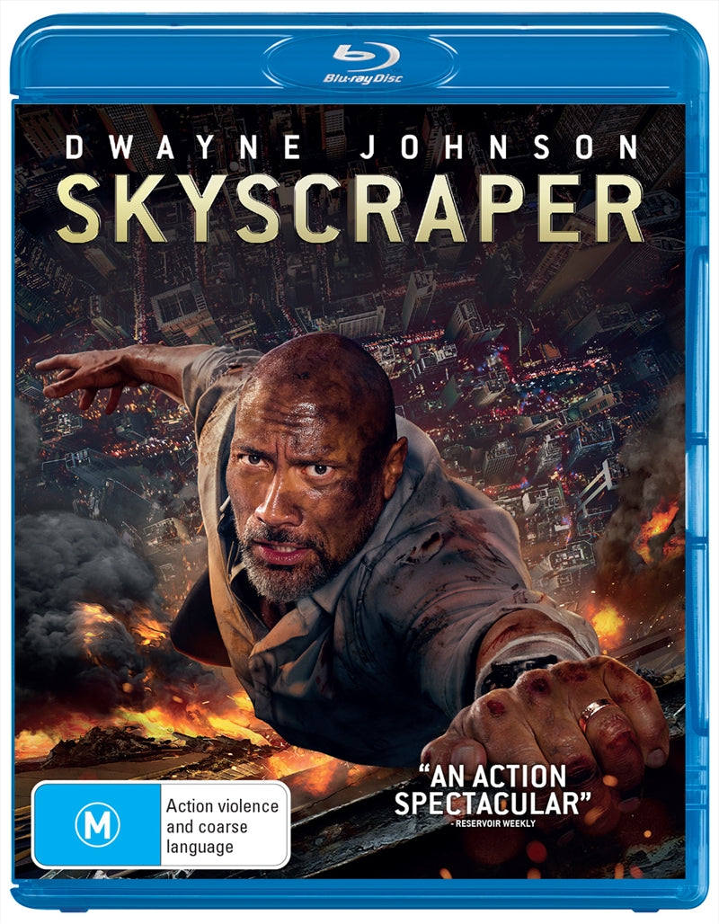 Skyscraper Blu-ray cover featuring Dwayne Johnson in action, showcasing a burning skyscraper in the background.