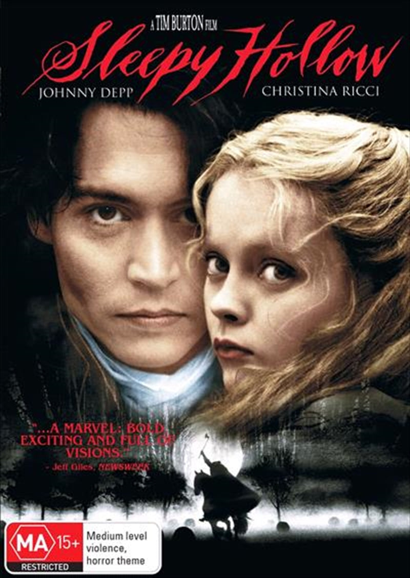 DVD cover of Sleepy Hollow featuring Ichabod Crane and the Headless Horseman in a dark, eerie setting.