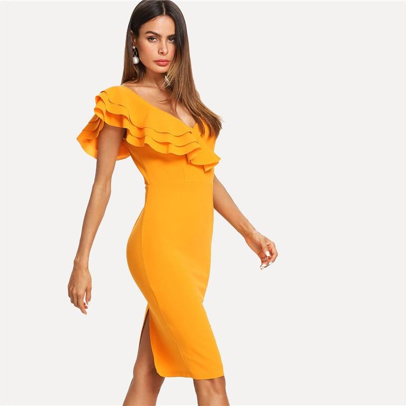 A stylish sleeveless bodycon dress featuring ruffle layered flounce trim, split back, and a flattering V-neck design, perfect for summer parties.