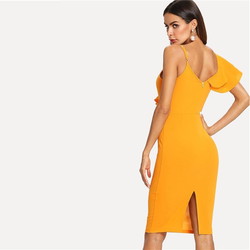 A stylish sleeveless bodycon dress featuring ruffle layered flounce trim, split back, and a flattering V-neck design, perfect for summer parties.