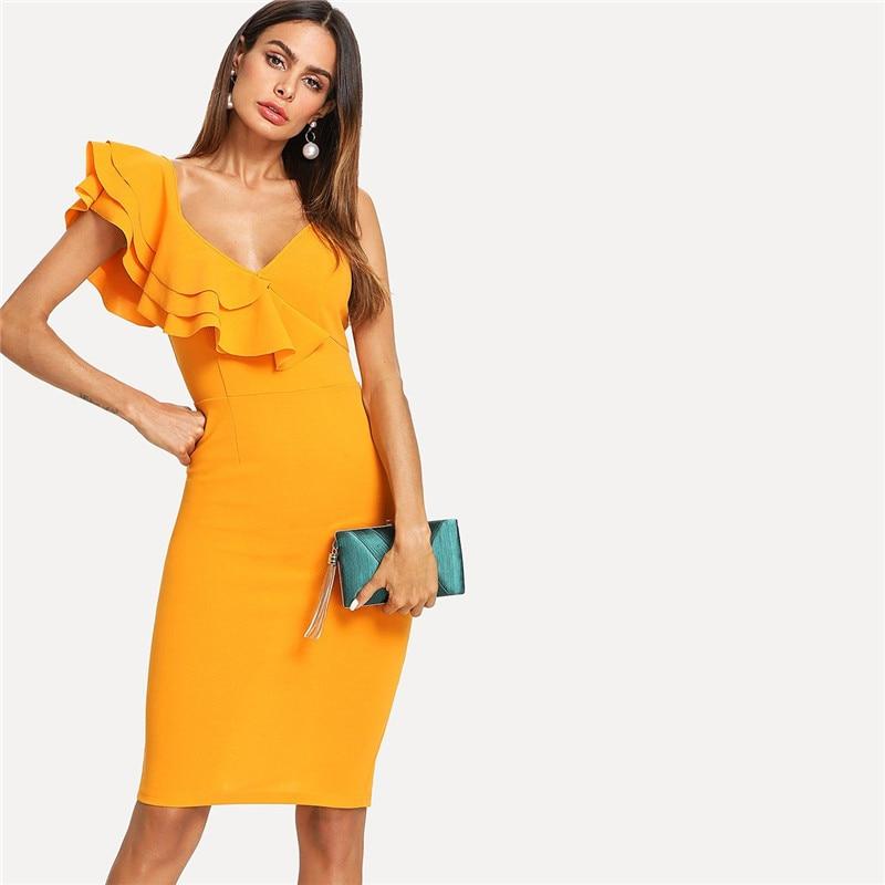 A stylish sleeveless bodycon dress featuring ruffle layered flounce trim, split back, and a flattering V-neck design, perfect for summer parties.