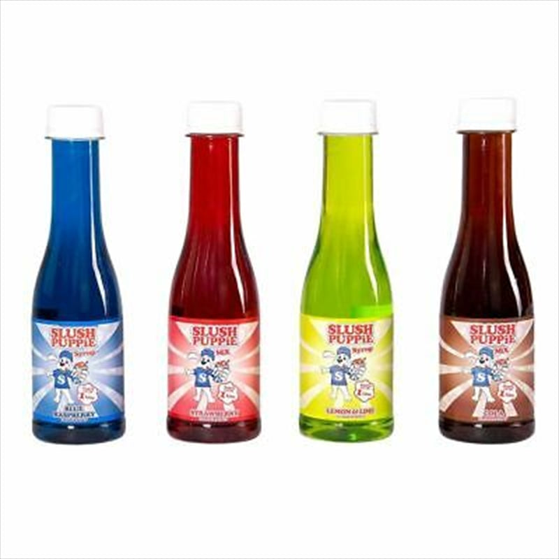 Four bottles of Slush Puppie syrups in Blue Raspberry, Strawberry, Lemon & Lime, and Cola flavors, perfect for making slushies.