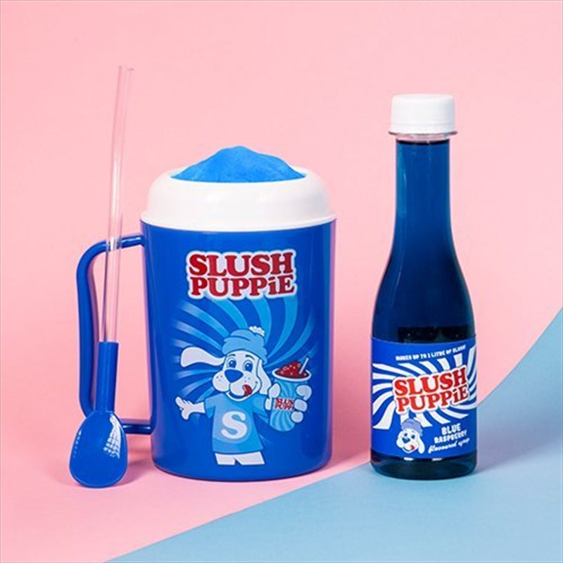 Slush Puppie making cup with blue raspberry syrup, perfect for homemade slushies.