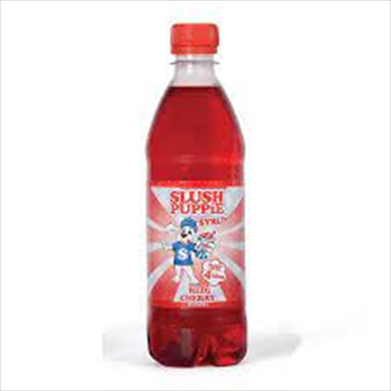 A 500ml bottle of Slush Puppie Red Cherry Syrup, featuring vibrant red color and a label showcasing its authentic flavor.