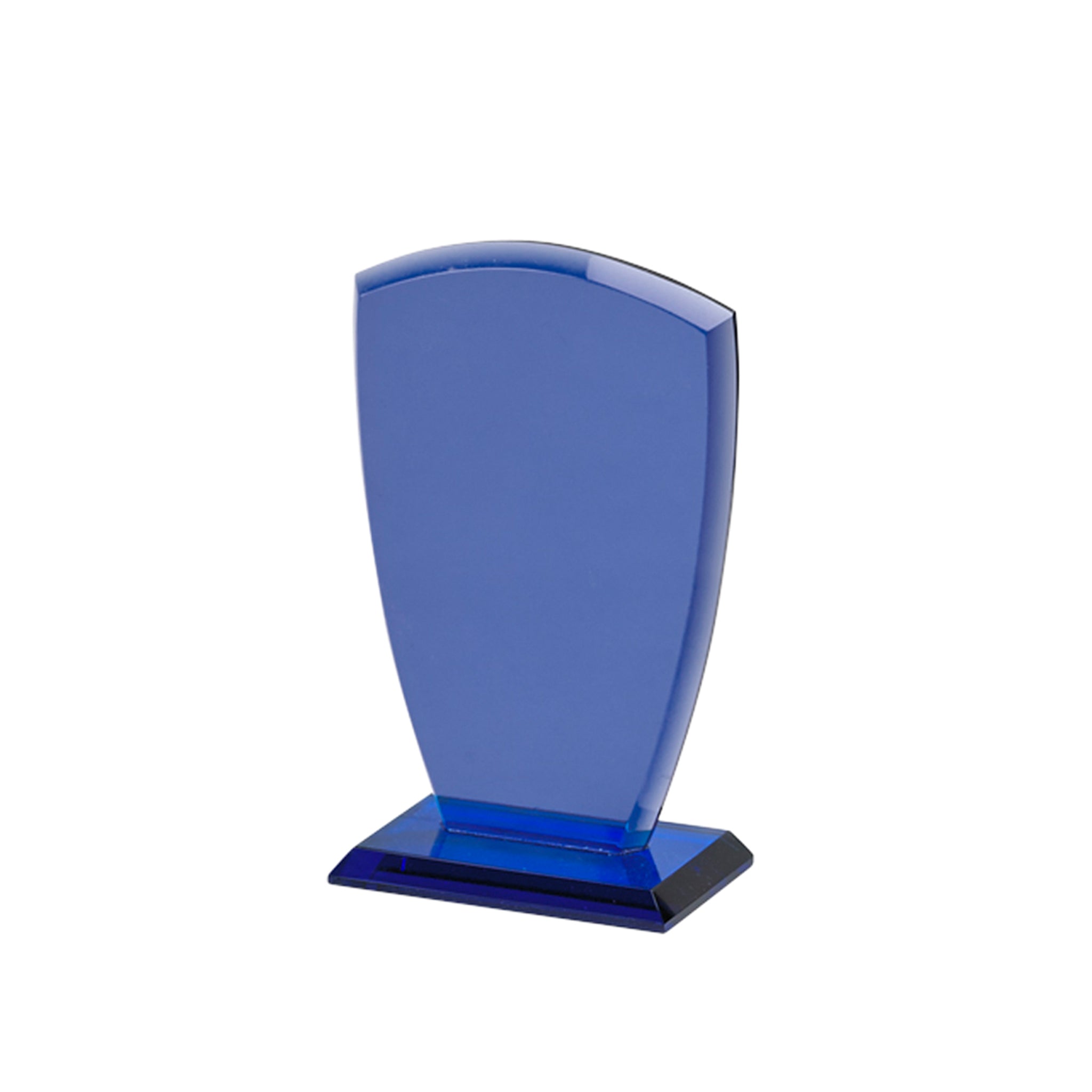 Small Cobalt Shield Trophy, 6.25 inches tall, featuring a sleek cobalt blue design, perfect for awards and recognition.