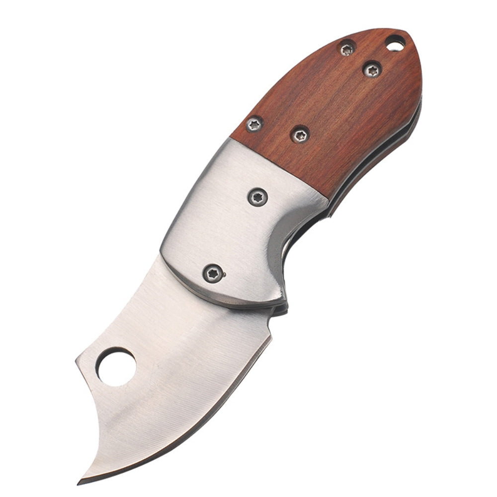 Small Mini Stainless Steel Folding Pocket Knife with shadow wood handle and keychain attachment, ideal for outdoor use.