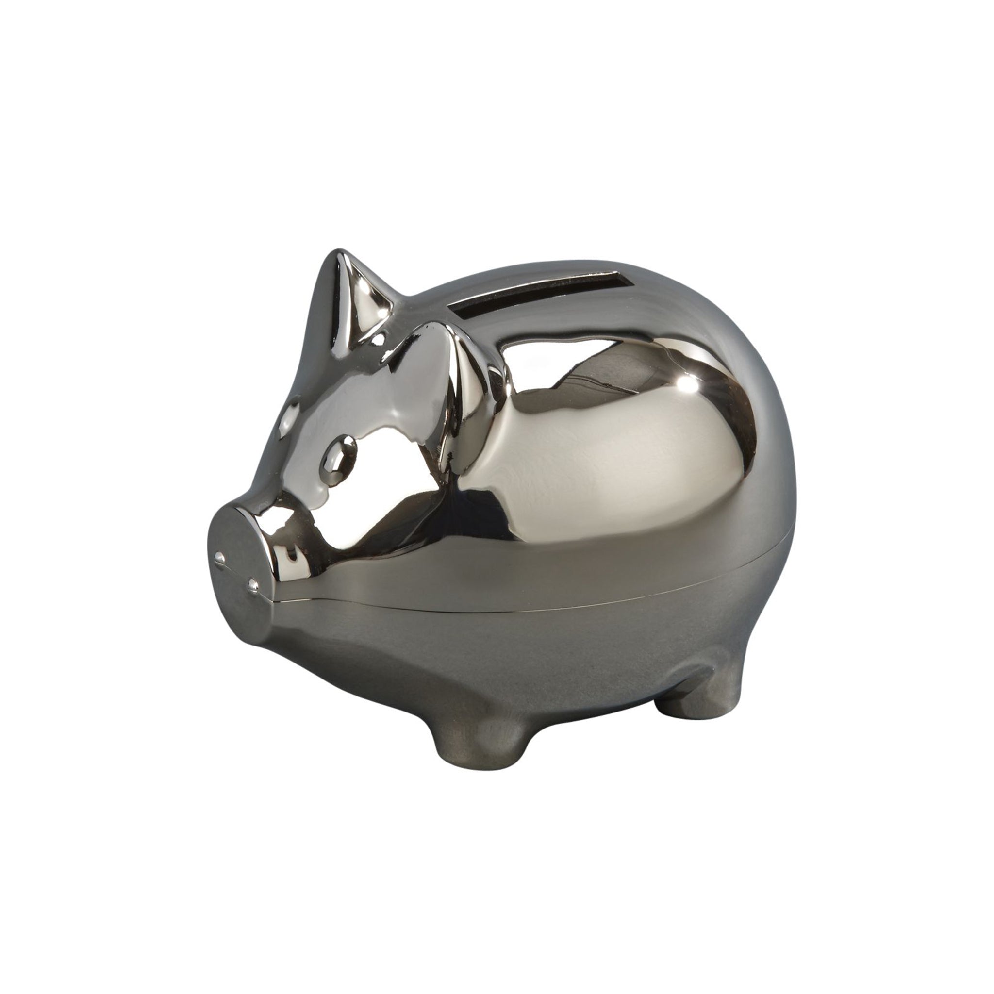 Small piggy bank with a polished nickel finish, featuring detailed snout, ears, and eyes, perfect for saving coins.