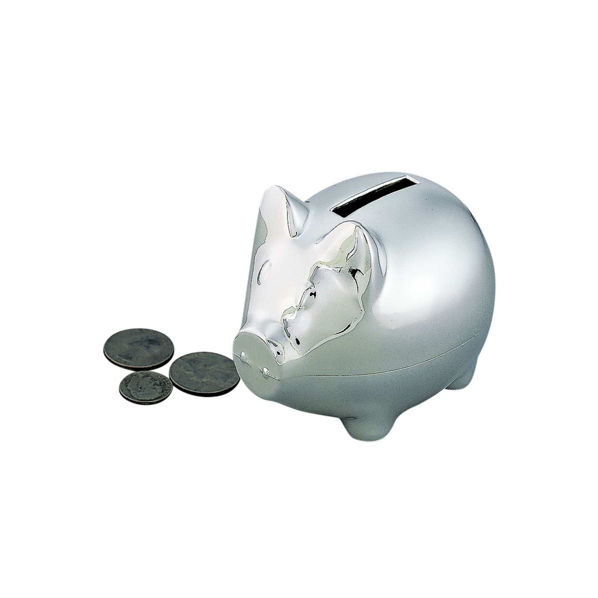 Small piggy bank with a polished nickel finish, featuring detailed snout, ears, and eyes, perfect for saving coins.