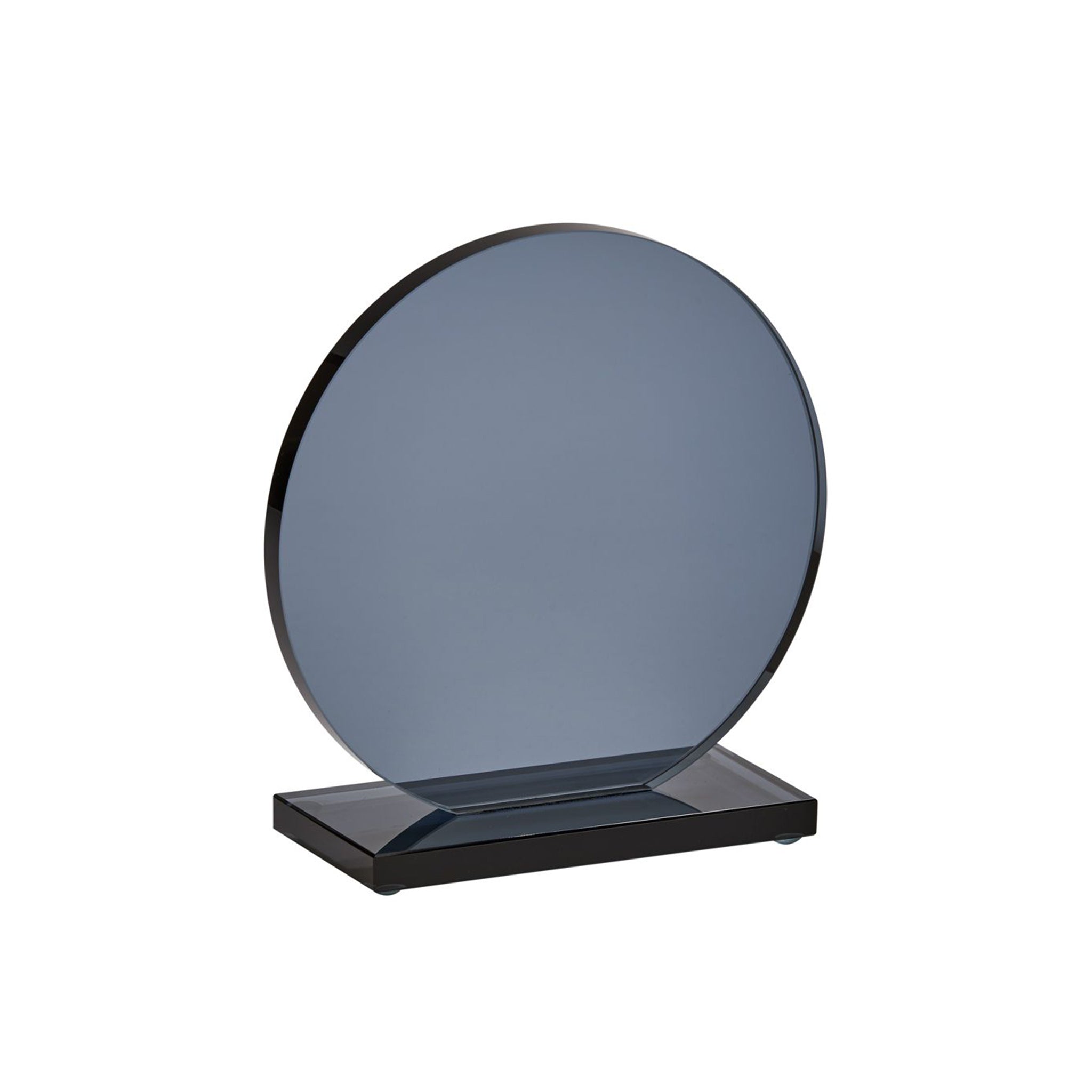 Small Smoked Orb Trophy, 5 inches high with a round orb and glass base, perfect for engraving.