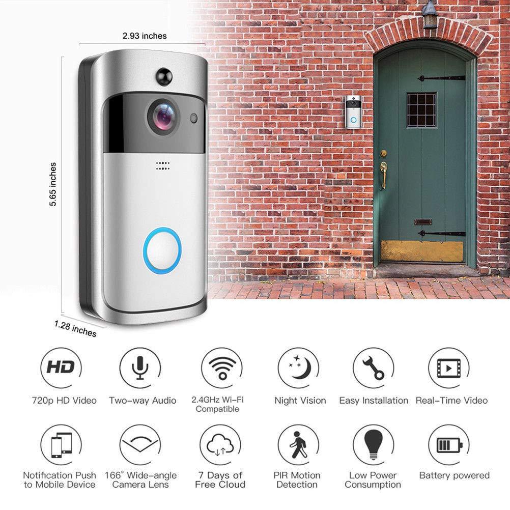 Smart WiFi Video Doorbell Camera with sleek design, featuring a lens and button for visitor notifications.