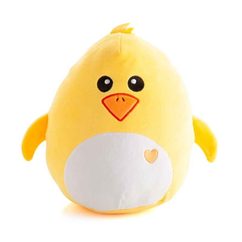 Smoosho's Pals Chick Plush, a soft yellow chick cushion made from velour fabric, perfect for cuddling.