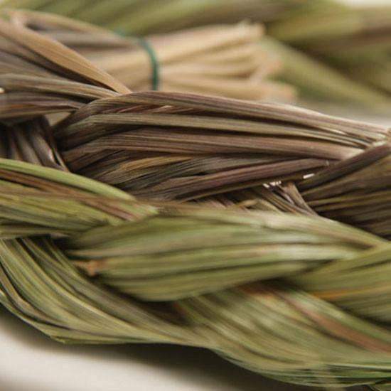 A 24-inch braid of Sweet Grass, hand-harvested and sun-dried, showcasing its rich green color and natural texture, perfect for smudging rituals.