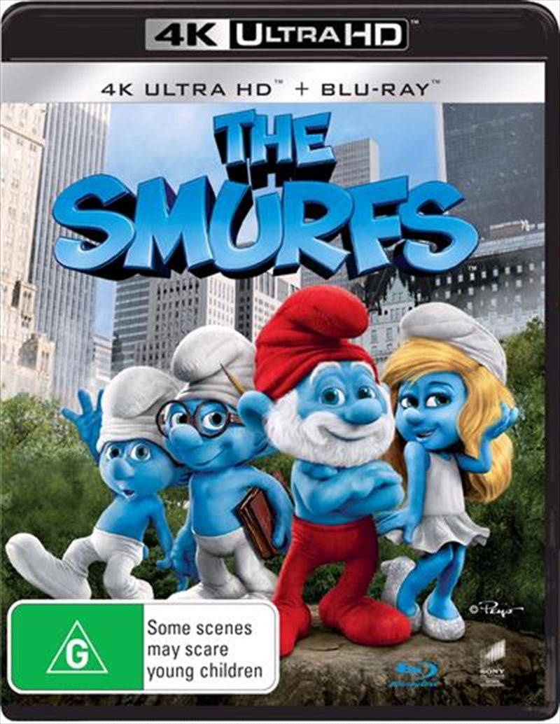 The Smurfs movie cover featuring vibrant blue characters in Central Park, showcasing their adventure.