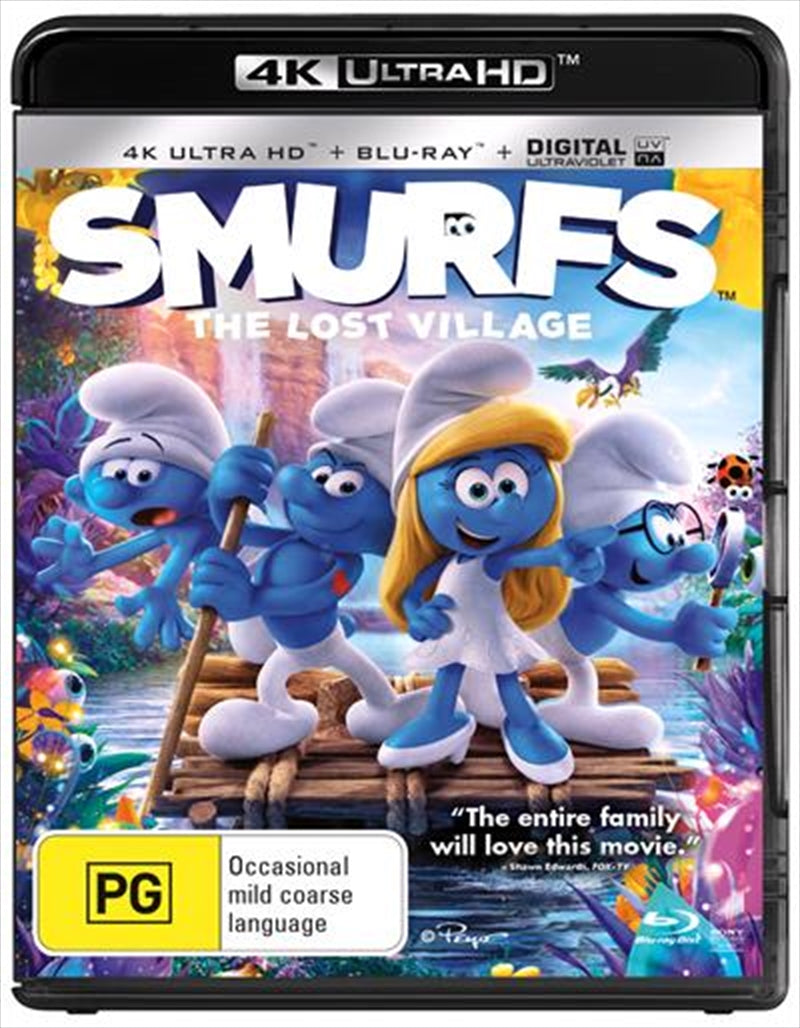 Smurfs - The Lost Village Blu-ray cover featuring Smurfette and friends in a vibrant animated scene.