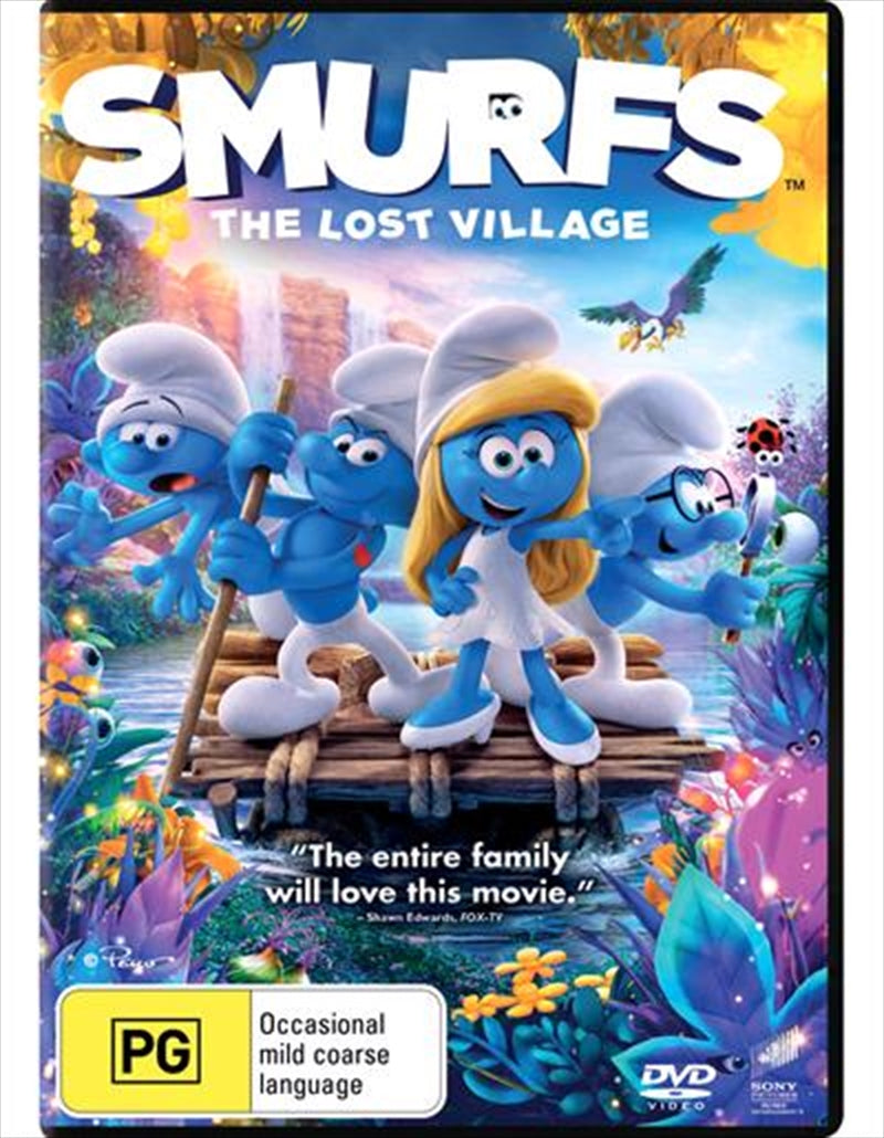 Smurfs - The Lost Village DVD cover featuring Smurfette and friends in a vibrant animated scene.